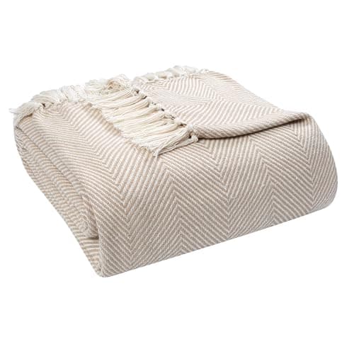 Image of EHC Handwoven Cotton Throws for Sofas Bed Sofa Settee Couch Reversible Bed Cover Over Blanket, King Size, 225 x 250cm, Natural/Beige