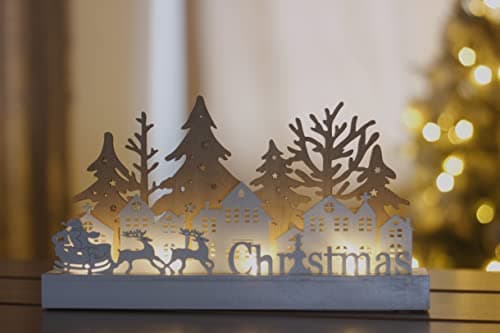 Image of Marco Paul Wooden Light Up Christmas Village Scene – 30cm Santa & Reindeer Ornament with Warm White LEDs – Battery-Operated Festive Decoration with Timer – Wooden Xmas Table or Mantel Display