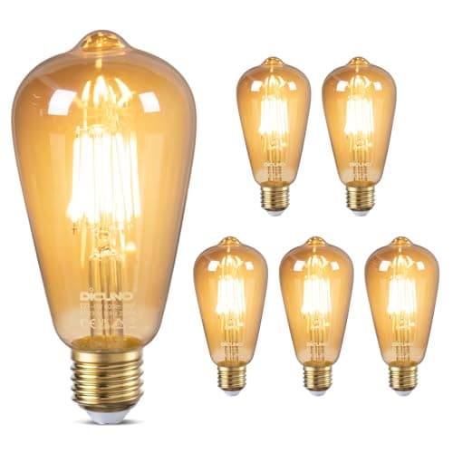 Image of DiCUNO Vintage Light Bulb E27 Edison Screw Bulb, 6W Equivalent to 60 Watt, Retro Amber Warm Glass Screw Lamp, 2200K Warm White, Non-dimmable, ES LED Filament Lamp Squirrel Cage, ST64, 600LM, 6 Packs