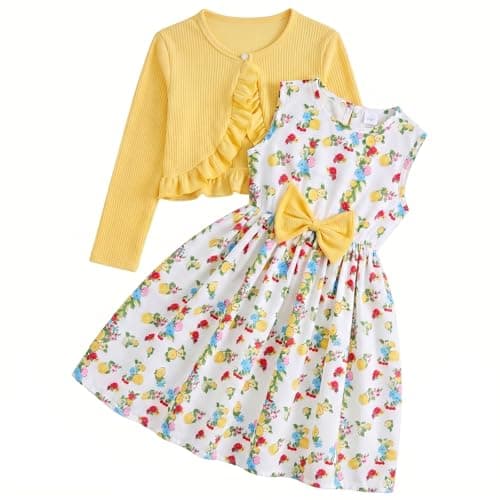 Image of JiAmy Girl Dress and Cardigan Sets 2Pcs Toddler Butterfly Floral Print A-line Dresses with Long Sleeve Coat Kids Casual Spring Summer Clothes for Girls 7-8 Years Yellow Lemon