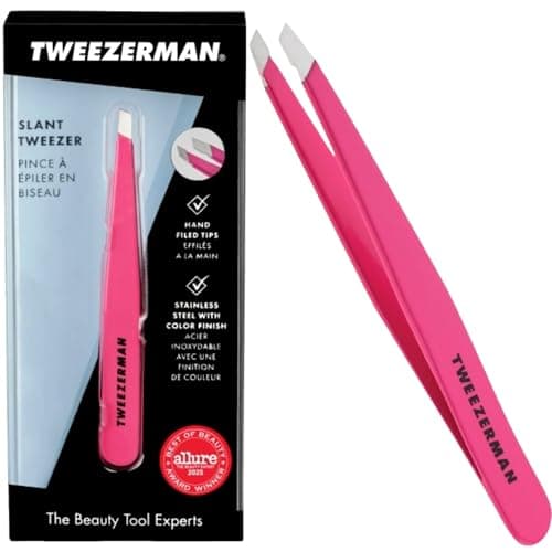 Image of Tweezerman Neon Pink Slant Tweezer, Professional Stainless Steel Precision Tweezers for Facial Hair and Eyebrows, (Pack of 1)