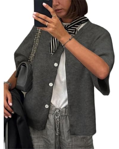Image of Felcia Women's Knitted Crop Cardigan Shirt Short Sleeve Sweater Round Neck Ribbed Button Down Sweater Y2k Preppy Fall Outfits (A-Dark Grey, XL)