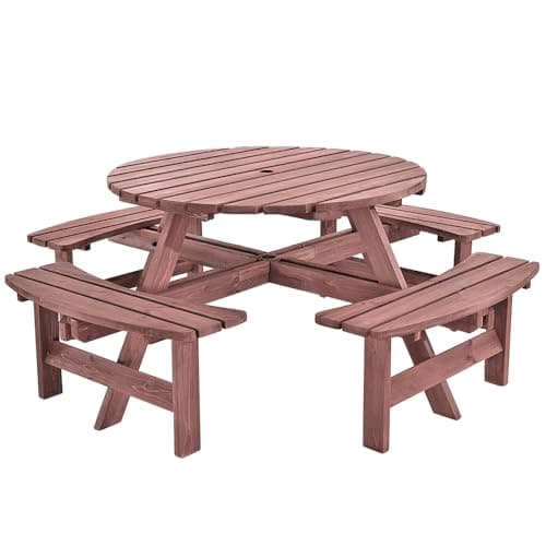Image of Panana 8 Seater Round Wooden Picnic Table Set with Benches, Solid Fir Wood Garden Table with Parasol Hole, Outdoor Dining Furniture for Garden, Park, Family Gatherings