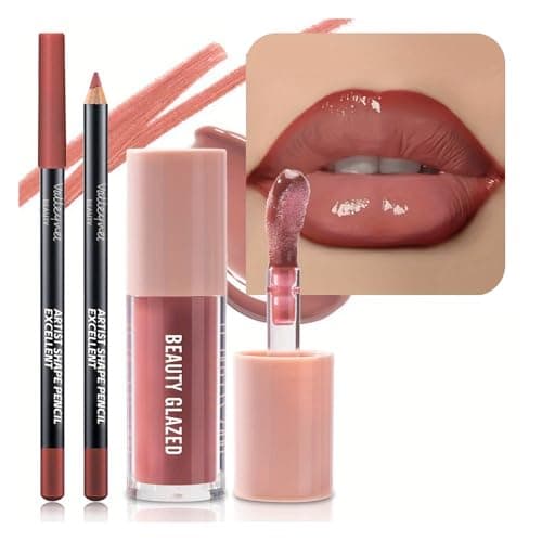 Image of Lip Gloss and Lip Liner Set, Tinted Lip Gloss with Lip Pencil, Waterproof Long Lasting Glossy Lip Combo, Nude Lip Makeup Kit for Women (#V04+104)