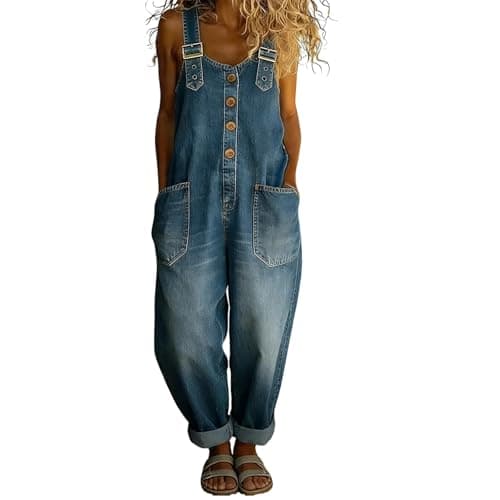 Image of Women's Vintage Denim Jean Overalls Regular-Fit Stretch Straight Leg Roll-Up Baggy Bib Dungarees Washed Cotton Button Front Sleeveless Jeans Coveralls with Pockets for Women UK