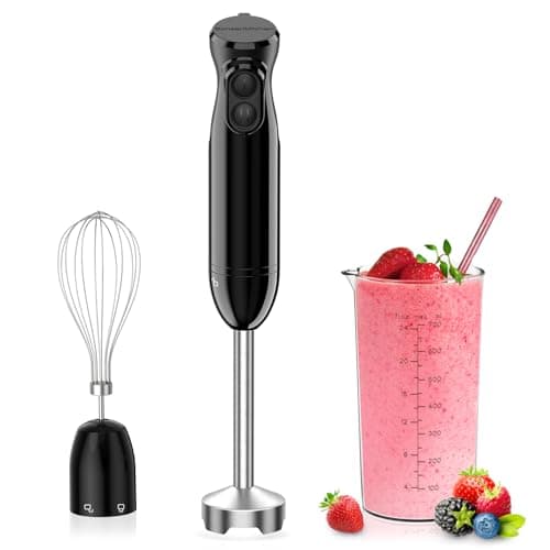 Image of Bonsenkitchen Hand Blender, 3-in-1 Immersion Blender handheld, Stick Blender Electric with Stainless Steel Blade, Egg Whisk, 700ml Beaker for Making Baby Food, Soups, HB3202 (Black)
