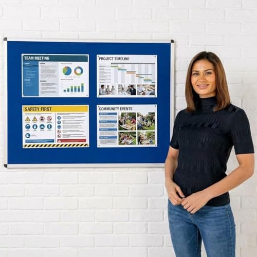 Image of Wonderwall Premium Blue Felt Noticeboard,120 x 90 cm, Anti-Fade Pinboard, Aluminium Frame with Concealed Corner Wall Fixings - Ideal for Office, School, Industry, Hubs, Healthcare