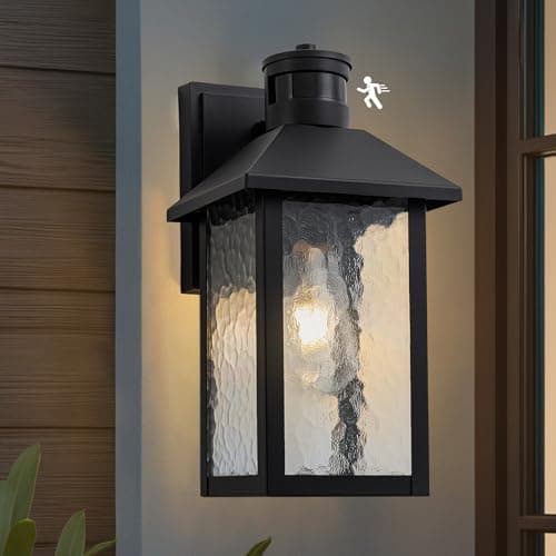 Image of FTL Outdoor Motion Sensor Wall Lights, Dusk to Dawn Outdoor Lighting with Water-Rippled Glass, 3 Lighting Modes PIR Security Porch Sconce, E27 Outside Wall Lantern for Garage Entryway, IP44 Waterproof