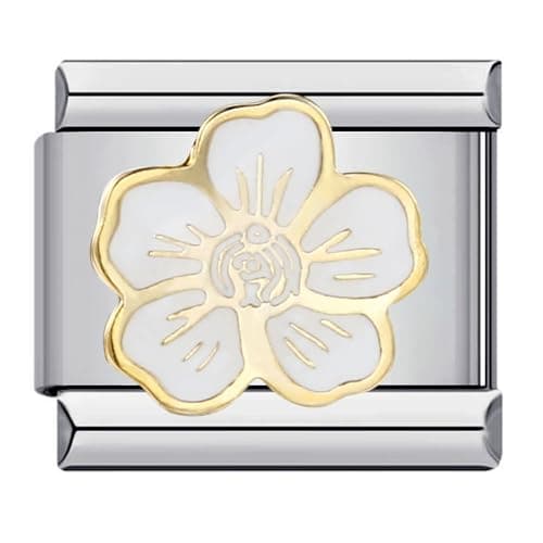 Image of Mon & Sons Camellia White Gold Flower Rose Cham Silver Italian 9mm Link Stainless Steel Bracelet Charm Compatible With 9mm Link