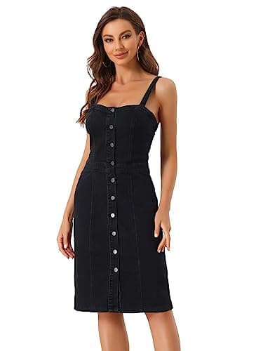 Image of Allegra K Button Down Denim Dress for Women's Sleeveless Sweetheart Neck Jeans Dresses Black L