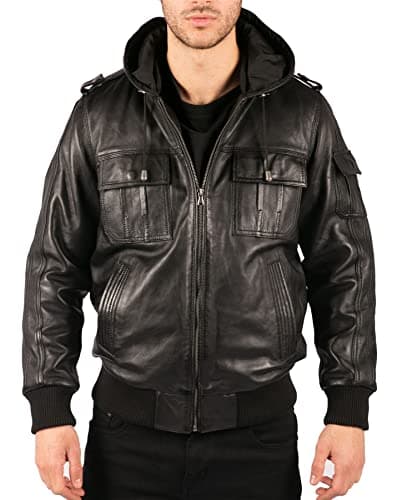 Image of TruClothing Men's Bomber Jacket Outwear Windproof Winter Real Leather Jackets Coat Hood - Black L