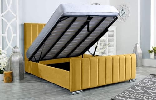 Image of AuGold Beds Upholstered Ottoman Bed 4FT6 Double – Mustard Plush Double Bed Frame with Headboard, Footboard & Lift-Up Storage Base – Durable Modern Design for Stylish Compact Bedrooms