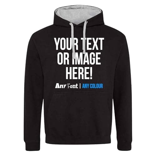 Image of Purple Print House Custom Varsity Hoodie Mens Hoody Personalised Printed Any Text Image Logo Workwear Company Contrast Colours, M, Black/Grey
