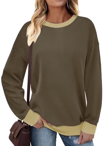 Image of Cuptacc Sweatshirt Women Uk 2025 Basic Casual Round Neck Loose Sweatshirt Without Hood Color Block Ribbed Comfy Long Sleeve Tops Women Coffee Gray L