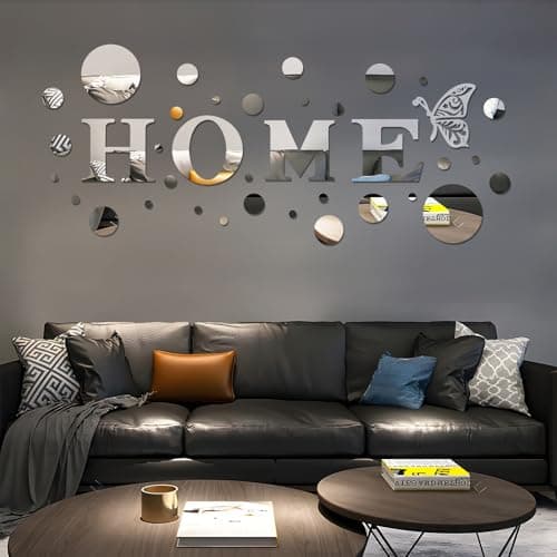 Image of DIYJEP 37 Pieces Acrylic 3D Mirror Wall Stickers Home Letters and Round Shape, DIY Mirror Effect Wall Art Decals Removable Decor for Living Room Bedroom TV Background,Modern Fashion Home Decoration