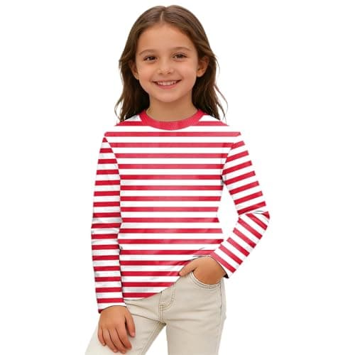 Image of SoLu DAY8 Kids Striped T Shirts Girls Boys Age 3-14 Years Fashion Graphic Round Neck Long Sleeve Tshirts Teenage Boys Loose Spring Summer School Casual Athletic Vacation Tops (13-14 Years, Red)