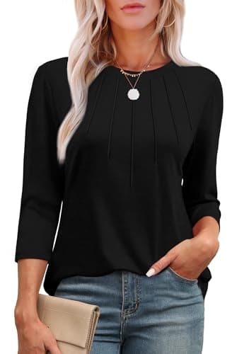 Image of Aokosor Womens 3/4 Sleeve Tops Ladies Blouses Crew Neck Pleated Shirts Fashion Dressy Tunic Blouses Size 10-12 Black