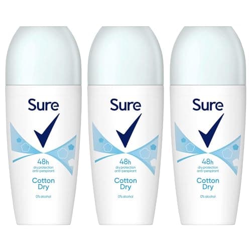 Image of Sure Antiperspirant Roll On Cotton Dry 48H Sweat and Odour Protection Roll On with Fresh, Light and Clean Scent Deodorant for Women, 50ml Pack of 3