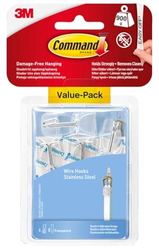 Image of Command Wire Toggle Medium Hook, Pack of 6 Hooks and 8 Adhesive Strips, Transparent - Damage Free Hanging - Holds up to 900g