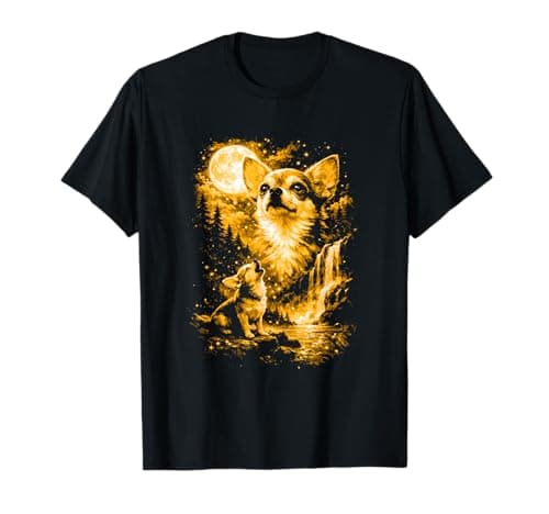 Image of Chihuahua Howling Moon Orange Silhouette Night Sky T-Shirt
