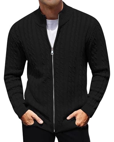 Image of AIYINO Mens Cardigan Ribbed Knit Sweater Full Zip Stand up Collar Jumpers for Men Long Sleeve Thick Pullover XXL Black