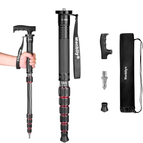Image of Camera Monopod Walking Stick Manbily Monopods for Cameras Stand Carbon Fiber Portable Compact Travel Monopod Unipod Stick with handle 6 Sections 61inches 15.4lbs for DSLR Video Camcorder Stand (Red)