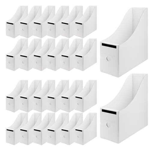 Image of RWFMO 24 Pcs White Cardboard Magazine File Holders, Waterproof Magazine Storage Boxes Bulk, Desk Storage Magazine Organizer Boxes for Office Home Shelves School, 27x26x9cm