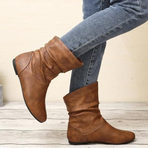 Image of Slouch Boots for Women Flat Ankle Boots Leather Low Heel Booties Fall Slouchy Booties Casual