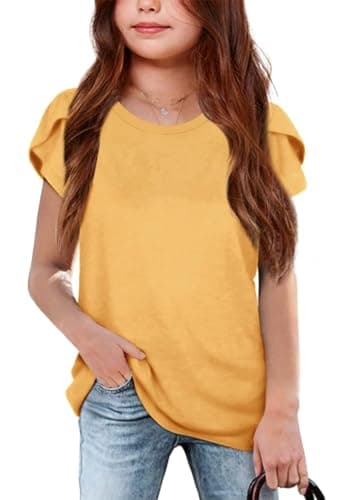 Image of Haloumoning Girls' T-Shirts Summer Short Sleeve Tops Casual Crew Neck T-Shirt Cute Plain Tops Yellow 11-12 Years
