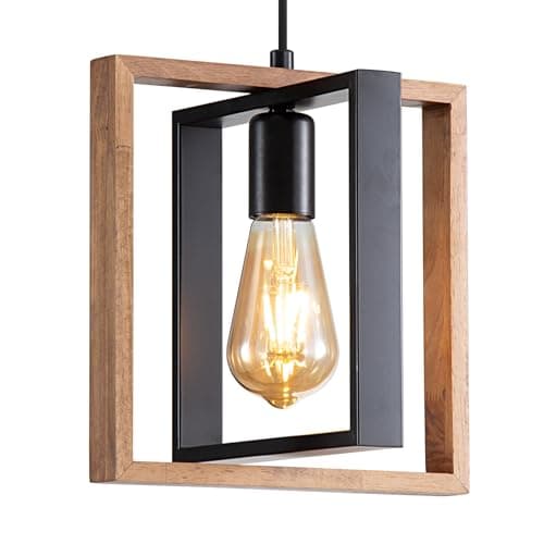 Image of Mikeru Farmhouse Recessed Ceiling Pendant, 1 Light Rustic Modern Black Metal Hanging Pendant with E27 Base, Vintage Wooden Pendant for Kitchen, Living Room, Bedroom, Hallway, Industrial Lighting