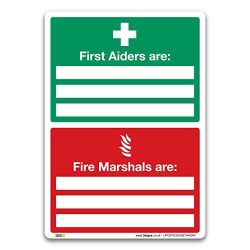 Image of Set of 2 First Aid and Fire Safety Signs – A4 Vinyl Stickers | Self-Adhesive Workplace Labels with First Aiders & Fire Marshals Identified (Pack of 2: A4-297 x 210mm)