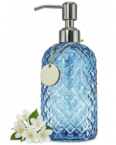 Image of Gem Patterned Glass Soap Dispenser for Kitchen, 18Oz Refillable Hand soap Dispenser with Rust Proof Stainless Steel Pump, Clear Soap Dispenser Bathroom for Dish Soap, Hand soap, Lotion(Blue)