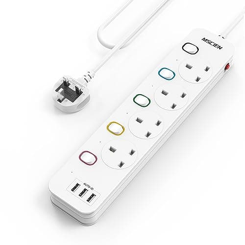 Image of Mscien Extension Lead with USB Slots, 4 Way 3 USB Extension Socket with Individual Switches, Mountable Overload Protection Power Strips, 1.8 Meter Cable, 13A/3250W