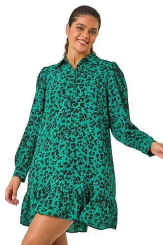 Image of Roman Originals Shirt Dress for Women UK- Ladies Long Sleeve Belted Collared Midi Maxi Winter Autumn Smart Casual Button Through Evening Office A Line Swing Skater - Green Onyx - Size 16