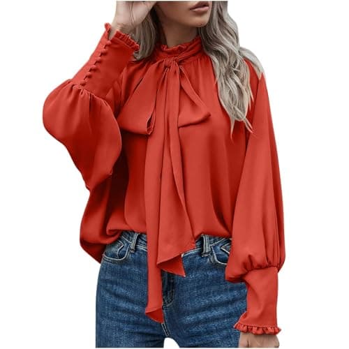 Image of Women Dressy Pullover Elegant Bow Tie Knot Mock Neck Top Ruffle Frill Lantern Sleeve Chiffon Shirts Ladies Office Work Longline Blouse Casual Loose-Fit Cuff Long Sleeve Tops Orange