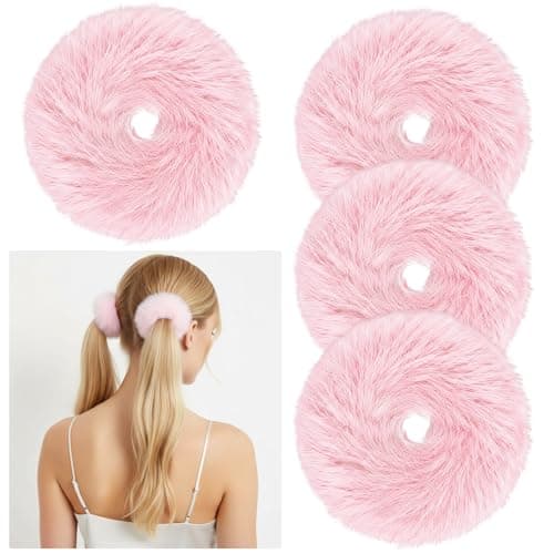 Image of 4 Pcs Pink Pom Pom Hair Ties, Fluffy Faux Rabbit Pink Scrunchies Cute Fuzzy Ponytail Holder Elastic Hair Accessories for Women Girls