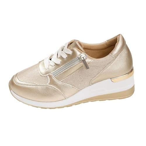 Image of Platform Trainers for Women Shiny Lace Up Side Zip Comfy High Heel Wedge Sneakers Ladies Trendy Round Toe Glitter PU Leather Thick Sole Shoes for Walking Running (Gold, 5)