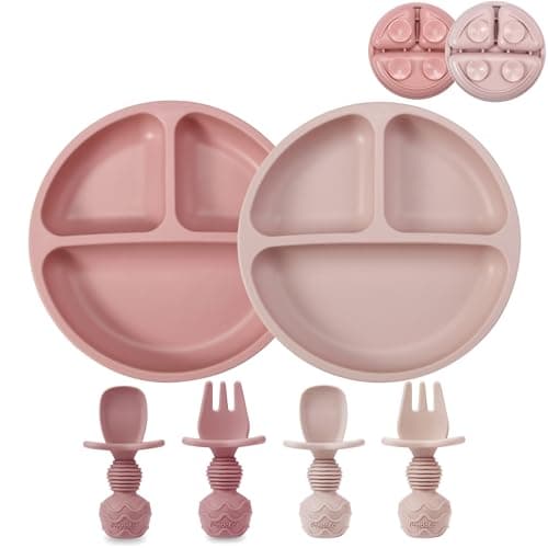 Image of PandaEar 2 Pack Silicone Baby Suction Plates with 2 Spoons 2 Forks for Weaning Girls, Sectioned Divided Baby Weaning Plates, Toddler Dinner Plates Set for Toddlers Kids Childrens, BPA-Free, Pink
