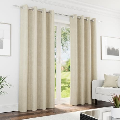 Image of Enhanced Living Knightsbridge Cream Chenille Eyelet 100% Blackout Curtains 46 x 54 inch (117x137cm) Thermal Noise Reducing Eyelet Curtains for Bedroom and Living Room
