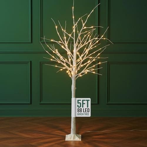 Image of GloBrite 5ft Pre-Lit Twig Christmas Tree with 88 Warm White LEDs - White Birch Design, Bendable Branches, Indoor & Outdoor Christmas Decorations