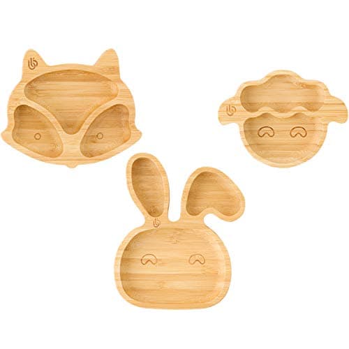 Image of bamboo bamboo ® Baby Plate– Kids and Toddler Bamboo Plate for Babies | Non-Toxic | Cool to the Touch | Ideal for Baby-Led Weaning (Trio of Mini Fox, Bunny, Lamb Plates)