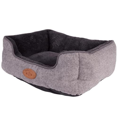 Image of Banbury & Co Grey Dog Bed, High-Sided Herringbone Pet Sofa, Warm Extra Soft Fleece Inner Machine Washable Luxury Pet Bedding - Small | 55x42x20cm