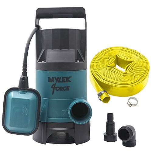 Image of MYLEK Submersible Water Pump 750W Electric, 14000L/H, Heavy Duty 15m Layflat Hose for Clean or Dirty Water, Float Switch, 10M Power Cable - Floods, Pools, Gardens, Ponds, Hot Tubs