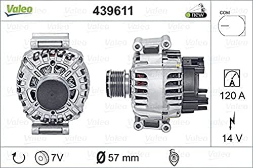 Image of VALEO 439611 Alternator Alternator Charge current: 120 Amp Grooves: 7 grooves Pulley diameter: 57 mm Voltage: 14 V Rotation direction: CLOCKWISE