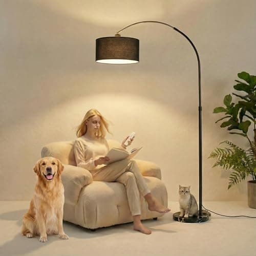 Image of OOPTREVOL Arc Floor Lamp with Fan Head, Dimmable Floor Lamps with Remote, 3 Color Temperatures Adjustable Standing Lamp, Bright Reading Floor Lamp with Marble Base for Living Room Bedroom