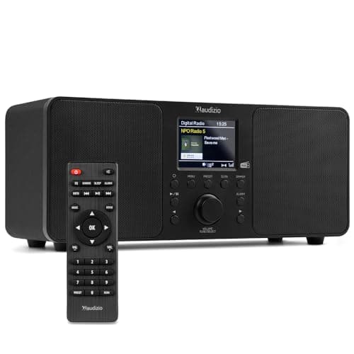 Image of Audizio Genua DAB Digital Radio with Bluetooth, Powerful 50W Stereo Speakers, DAB+, FM & USB Playback, Dual Alarm, Sleep Timer, Remote Control & Colour Display—Mains Powered, Compact Black Design