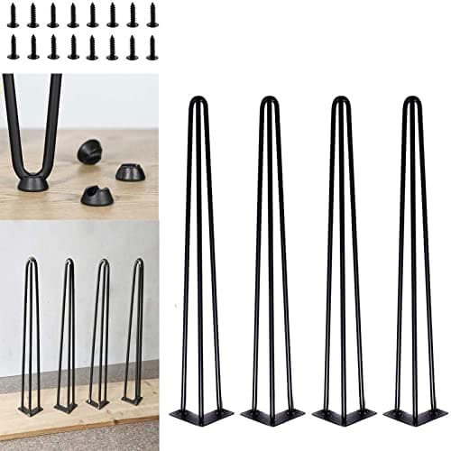 Image of Royalswill 4 pcs DIY Hairpin Table Legs 34 inch 86cm 3 Rod Modern Furniture Legs for Cabinet Bench Chair Coffee Table Desk Black heavy duty Metal Furniture Legs with screw & floor protectors