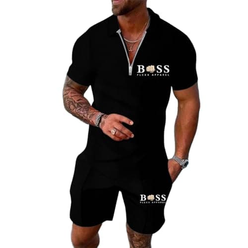 Image of Tinarying Men's Tracksuit Polo Shirt & Shorts 2 Pieces Boss Flexx Apparel Men's 2-Piece Activewear Short Sleeve Polo Shirt and Shorts Set Casual Sportswear Zip-Up Top with Pocketed Pants (Black, XL)