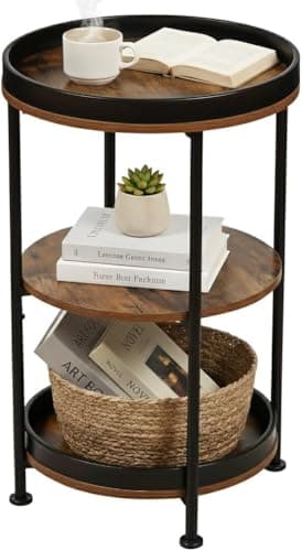 Image of YEAKOO Industrial Nordic End Table, 3-Tier Round Side Table with Storage Shelf Edge Protection Tray, Sturdy Metal Frame Coffee Table Bedside Table for Living Room Bedroom Small Spaces/Rustic Brown