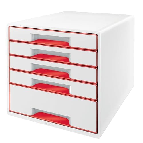 Image of Leitz WOW 5 Drawer Cabinet, A4 Desk Drawer Cabinet with Transparent Organiser Tray, 4 Small 1 Large Drawers, White/Red, 52132026